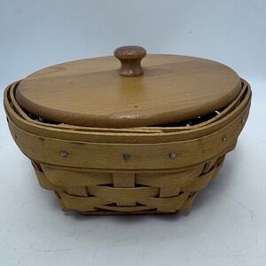 Longaberger Hexagon Basket with Wood Lid and Plastic Protector Dresden Ohio USA
